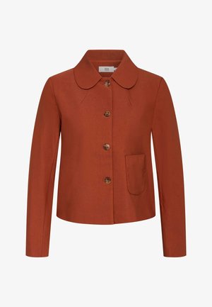 Ruosteenoranssi takki, jossa on kaulus, viiden napin kiinnitys ja yksi etutasku. Sileä pinta ja istuva malli.