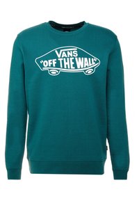 Sudadera de color azul verdoso con mangas largas, cuello redondo y un gran logo blanco "Vans OFF THE WALL" en forma de coche en la parte delantera. Textura suave.