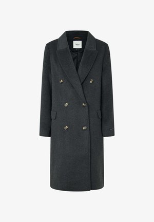 Dvolapni vuneni kaput u tamnosivoj boji, s reverima, četiri zlatne dugmadi i bočnim džepovima. Glatka tekstura i čiste linije.