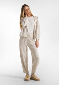 Beige Stoff-Hoodie und passende Jogginghose mit Kordelzug, ausgestattet mit einer subtilen Glanztextur, getragen mit braunen Slippern.