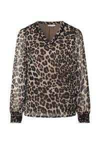 Blusa con stampa leopardata, scollo a V, maniche lunghe trasparenti e polsini smockati. Realizzata in tessuto leggero con un design fluente.