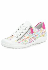Białe sneakersy z kolorowymi wzorami tekstowymi, z boku zamkiem błyskawicznym, białymi sznurowadłami i różowym akcentem na pięcie. Teksturowana gumowa podeszwa.