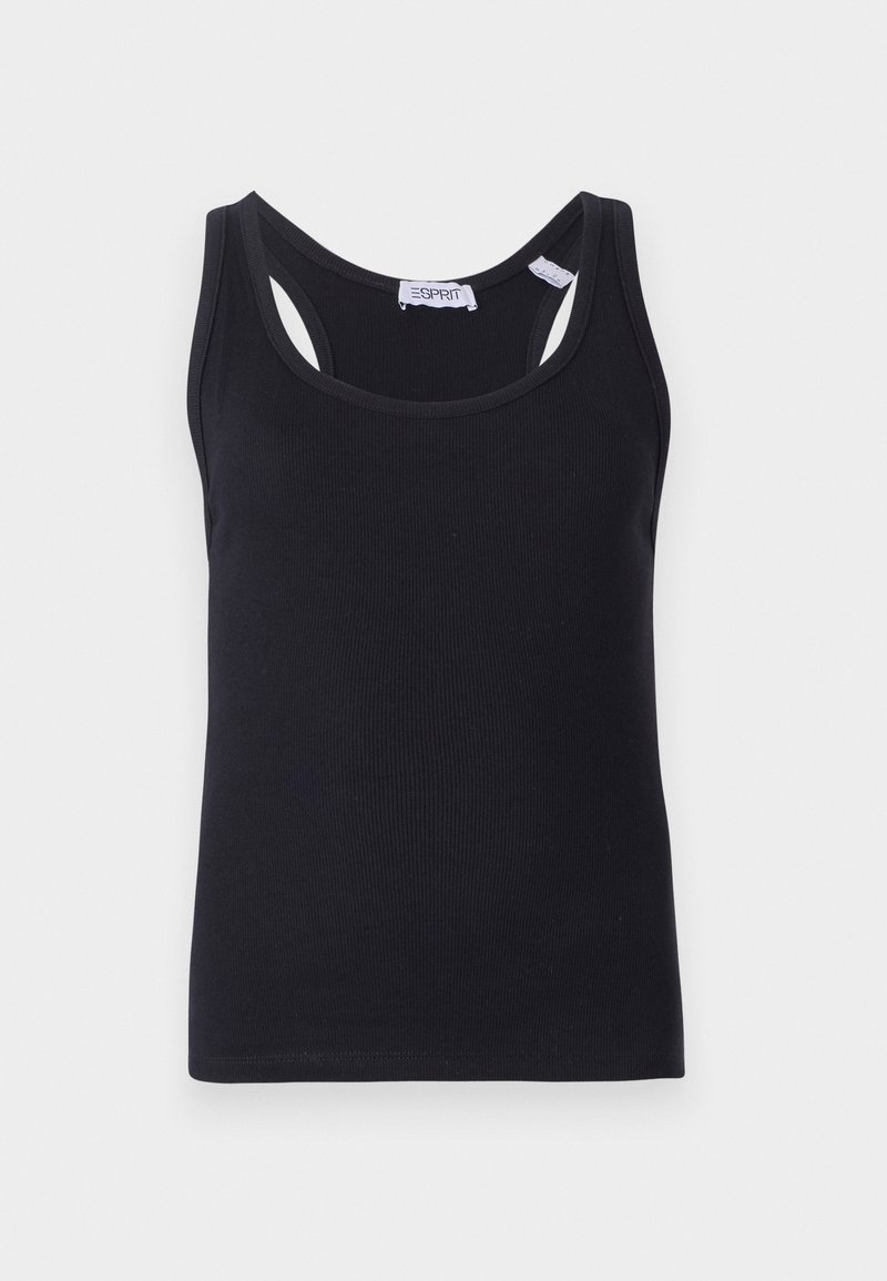 Schwarzes, geripptes Tanktop mit rundem Ausschnitt und Racerback-Design. Hergestellt aus weichem Stoff, mit dünnen Trägern und figurnahem Schnitt.