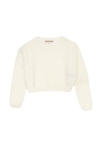 Maglione bianco corto realizzato in materiale morbido, con collo rotondo, maniche lunghe e un discreto dettaglio del logo sulla parte frontale.
