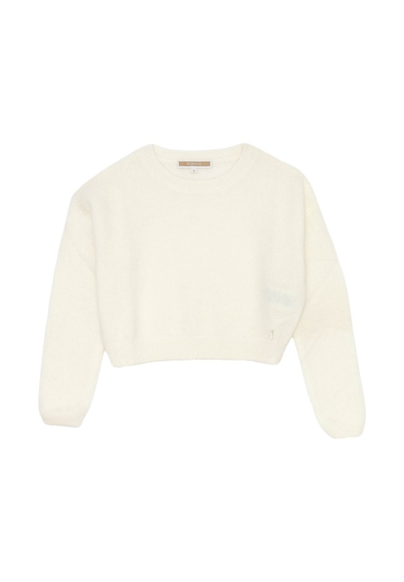 Maglione bianco corto realizzato in materiale morbido, con collo rotondo, maniche lunghe e un discreto dettaglio del logo sulla parte frontale.