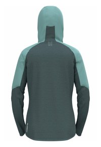 Veste à capuche, présentant un corps texturé gris foncé et des manches vert menthe. Le matériau est lisse, avec un motif en grille au dos.
