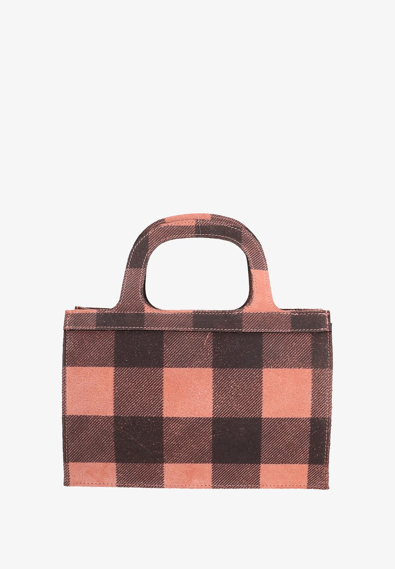 Geruite tote bag met een gestructureerde vorm, featuring een roze en donkerbruine kleurenschema, dubbele hengsels aan de bovenkant en een textielstructuur.