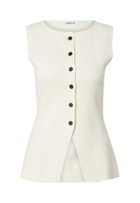 Ärmelloses Creme-Top aus strukturiertem Stoff, mit einem geraden Ausschnitt, fünf schwarzen Knöpfen auf der Vorderseite und einem gespaltenen Saumdesign.