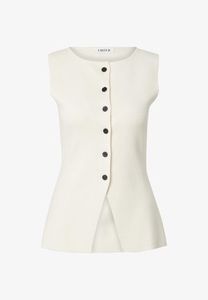 Sleeveless cream top made of textured fabric, featuring a straight neckline, five black buttons down the front, and a split hem design.