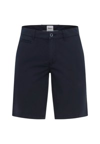 Pantaloni corti in cotone blu navy con taglio dritto, tasche frontali e un unico passante per cintura. Presentano una chiusura con bottone e dettagli di cucitura discreti.