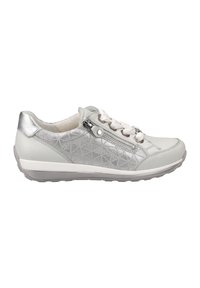 White sneaker with silver accents, featuring a geometric pattern, lace-up front, and a side zipper. Soft material with a textured finish.