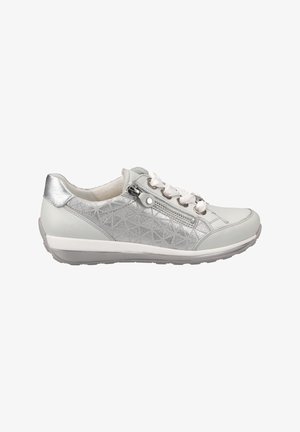 White sneaker with silver accents, featuring a geometric pattern, lace-up front, and a side zipper. Soft material with a textured finish.