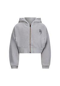 Hellegrauer, kürzerer Hoodie mit Reißverschluss vorne, Kapuze und Fronttasche. Verfügt über eine weiche Textur und ein gesticktes "RJ"-Logo auf der Brust.