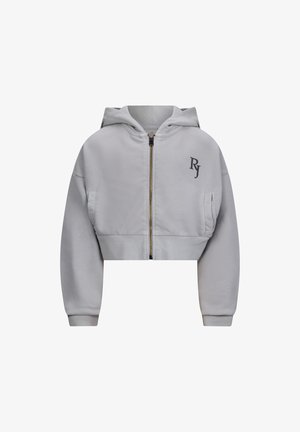 Felpa corta grigia chiara con zip frontale, cappuccio e tasca frontale. Presenta una consistenza morbida e un logo ricamato "RJ" sul petto.