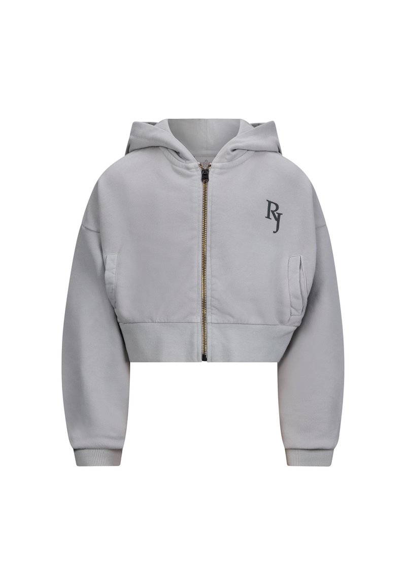 Hellegrauer, kürzerer Hoodie mit Reißverschluss vorne, Kapuze und Fronttasche. Verfügt über eine weiche Textur und ein gesticktes "RJ"-Logo auf der Brust.