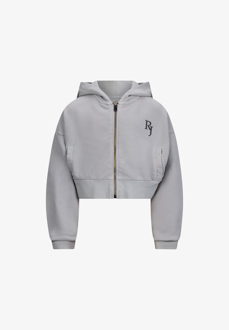 Hellegrauer, kürzerer Hoodie mit Reißverschluss vorne, Kapuze und Fronttasche. Verfügt über eine weiche Textur und ein gesticktes "RJ"-Logo auf der Brust.