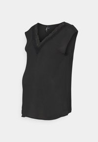 Top de maternidade preto com mangas curtas, decote em V com detalhes em renda, tecido leve, textura suave e um corte descontraído.