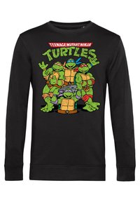 Černá mikina s barevným grafikou čtyř kreslených želv a logem, které zní "TEENAGE MUTANT NINJA TURTLES."