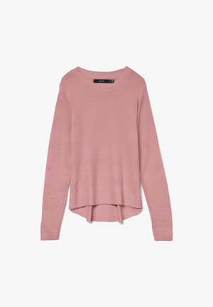 Pulover z dolgimi rokavi in okroglo ovratnikom v mehki roza pletenini, ki ima teksturirano površino in zasnovo z različno dolžino spodnjega robu.