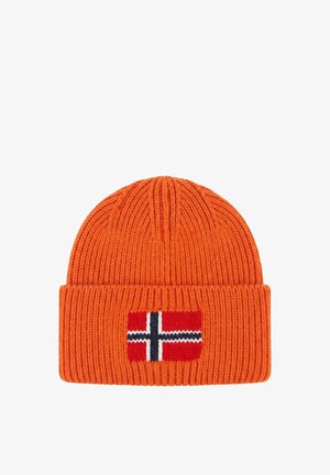 Orange knitted beanie with folded cuff featuring a small Norwegian flag patch on the front center.