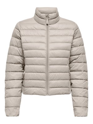 Pealt lahtine, helehall jope, millel on kõrge krae, horisontaalsed tikitud jooned ja ees tõmblukuga sulgur. Pehme kangapind.