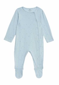 Body azzurro chiaro in morbido tessuto con maniche lunghe, decorato con un motivo di stelle sparse in bianco, blu e beige. Chiusura con bottoni a scatto.