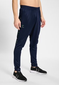 Pantaloni sportivi blu navy realizzati in materiale liscio, dotati di cintura elastica, strisce laterali con motivo a zigzag e tasche discrete.