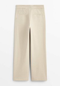 Beige wide-leg trousers made of textured fabric. Features a flat front with two back pockets and a clean finish at the hem.