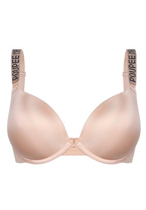 Beżowy stanik wyściełany z gładkiego satynowego materiału, z dekoracyjnymi ramiączkami w geometryczny wzór i metalowymi akcentami.