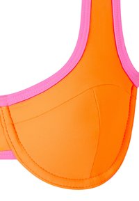 Felgekleurde oranje bikini-top met roze banden; heeft onderdraadsteun en voorgevormde cups; gladde textuur met gestikte naden.