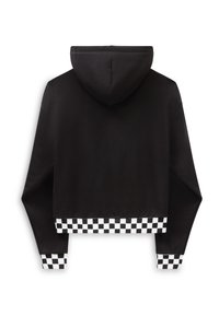 Svart kortärmad hoodie med ett rutmönster längs fållen och cuffarna. Materialet verkar slätt, med en foderhuva för ökad komfort.