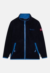 Dunkelblaues Fleece-Jackett mit blauen Akzenten, Reißverschluss, seitlichen Taschen und norwegischem Flaggen-Patch. Weiche Textur und hoher Kragen.