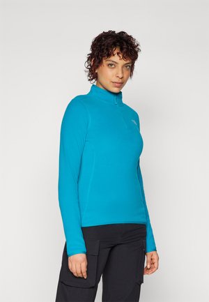 Haut en polaire bleu à demi-fermeture éclair avec des manches longues, présente des coutures plates et un col montant. Porté avec un pantalon cargo sombre, texture lisse.