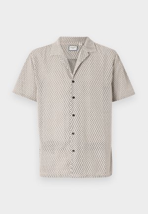 Korte mouwen shirt in beige met zigzagpatroon; heeft een kraag, vijf zwarte knopen en een relaxte pasvorm. Gestructureerde stof.