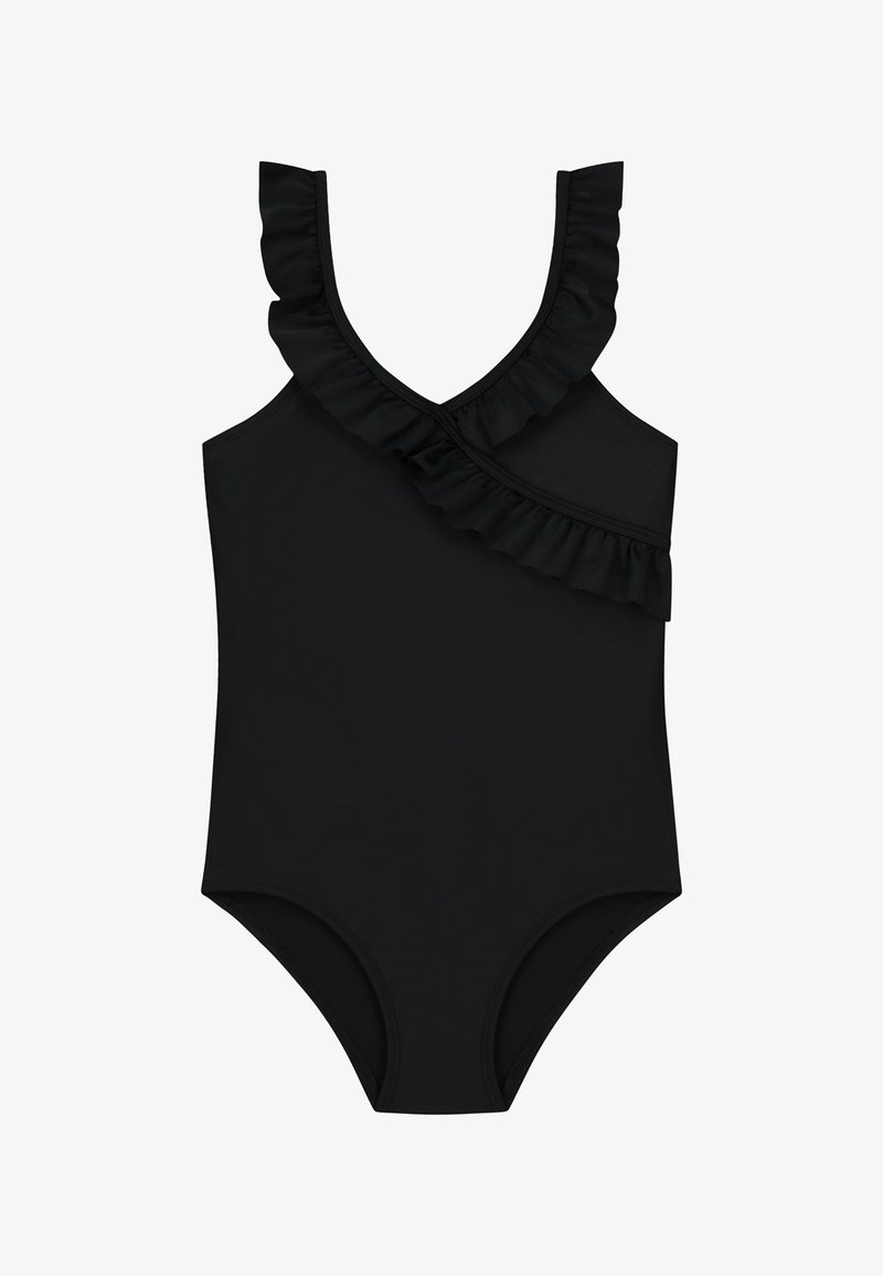 Black one-piece swimsuit with a V-neck and ruffle detailing along one shoulder; smooth texture, sleek design, and moderate cut.