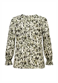 Blouse à manches longues avec un imprimé léopard abstrait vert et noir sur fond crème. Présente des manches froncées et un col rond.