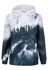 Hoodie con design paesaggio forestale. Grigio e nero con accenti bianchi. Mix di cotone con tasca frontale e cappuccio con cordino.