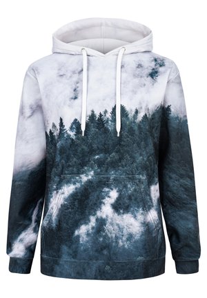 Hoodie med et skovlandskabsdesign. Grå og sort med hvide detaljer. Blandingsstof af bomuld med en frontlomme og hætte med snor.