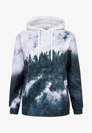 Hoodie featuring a forest landscape design. Gray and black with white accents. Cotton blend with a front pocket and drawstring hood.