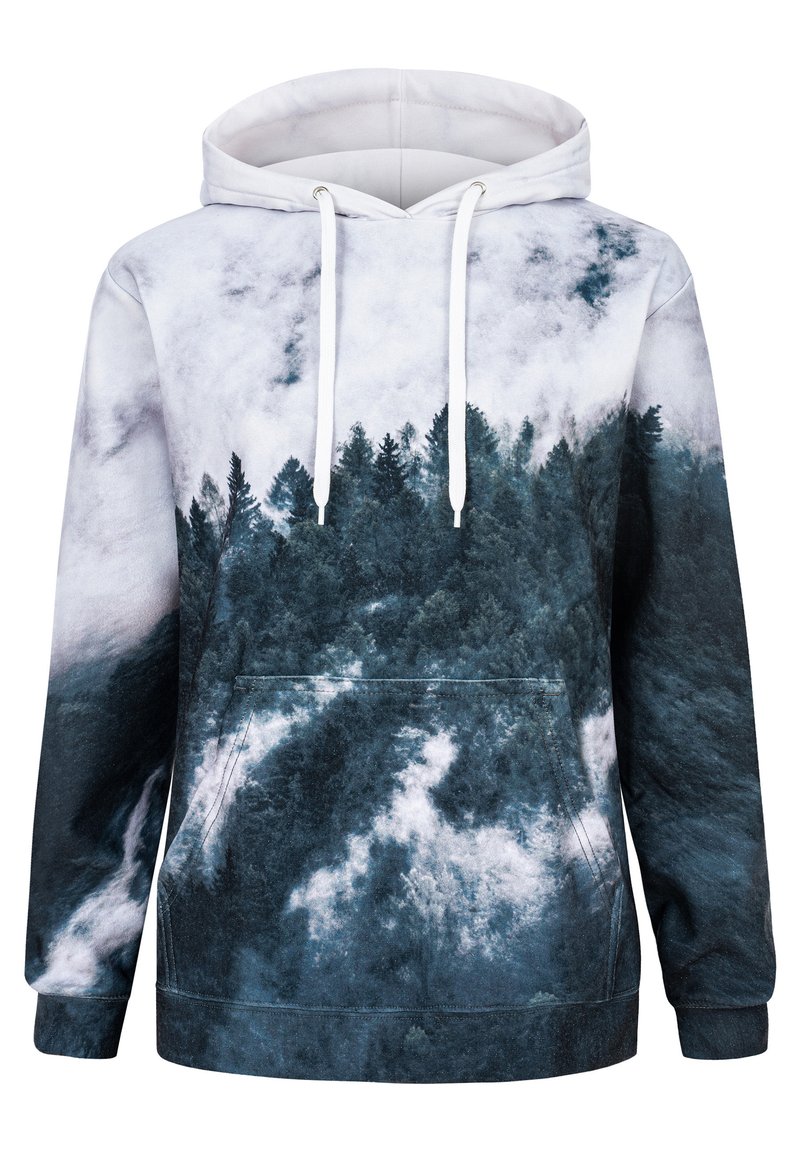Hoodie con design paesaggio forestale. Grigio e nero con accenti bianchi. Mix di cotone con tasca frontale e cappuccio con cordino.