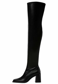 Černá kožená holínka do kolen se čtveratou špičkou a blokovým podpatkem, hladká textura a přiléhavý střih.