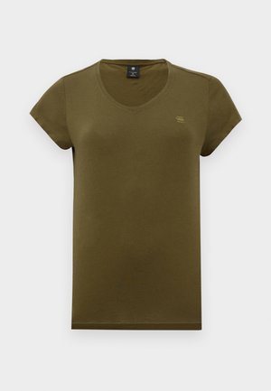 Olívovo zelené bavlnené tričko s výstrihom do V a krátkymi rukávmi. Pri krku je potlačené malé logo. Mäkká textúra, voľný strih.