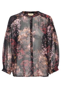 Bluse mit Blumenmuster aus transparentem schwarzem Stoff. Verfügt über lange, gepuffte Ärmel, einen runden Ausschnitt und eine knopfverschlossene Front. Die Farben umfassen Pink und Rot.