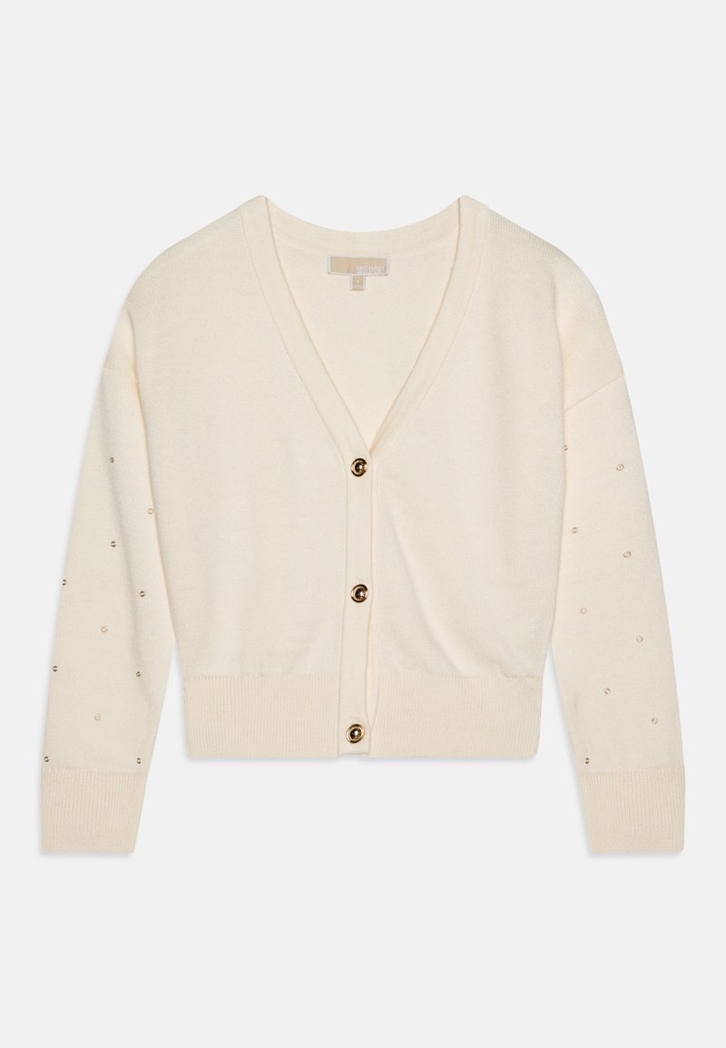 Cardigã creme em tecido de malha suave, com decote em V, mangas longas, botões em tom de ouro e motivos decorativos subtis nas mangas.