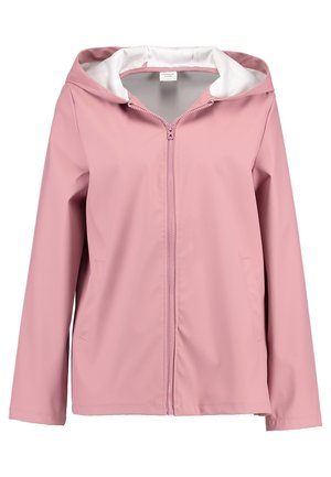 Veste rose à capuche avec une fermeture éclair sur le devant, des manches longues, des poches latérales et une capuche doublée de blanc, présentée sur un fond uni.