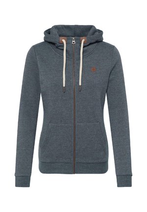 Hættetrøje med lynlås i mørkegråt stof, med en glat tekstur, beige snore og to forlommer med en lille logo.