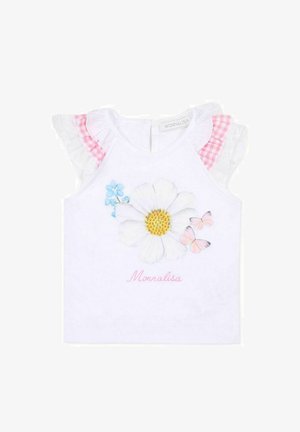 Top bianco senza maniche per bambino piccolo con volant a quadretti rosa, maniche di pizzo bianco, grande fiore bianco, fiori blu, due farfalle rosa e testo "Monnalisa".