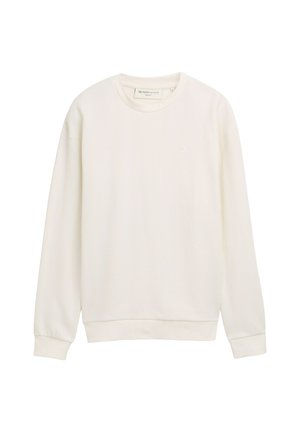 Biela mikina s dlhými rukávmi a okrúhlym výstrihom z textúrovaného materiálu, s rebrovanými manžetami a lemom a malým nenápadným logom na ľavej strane hrudníka.