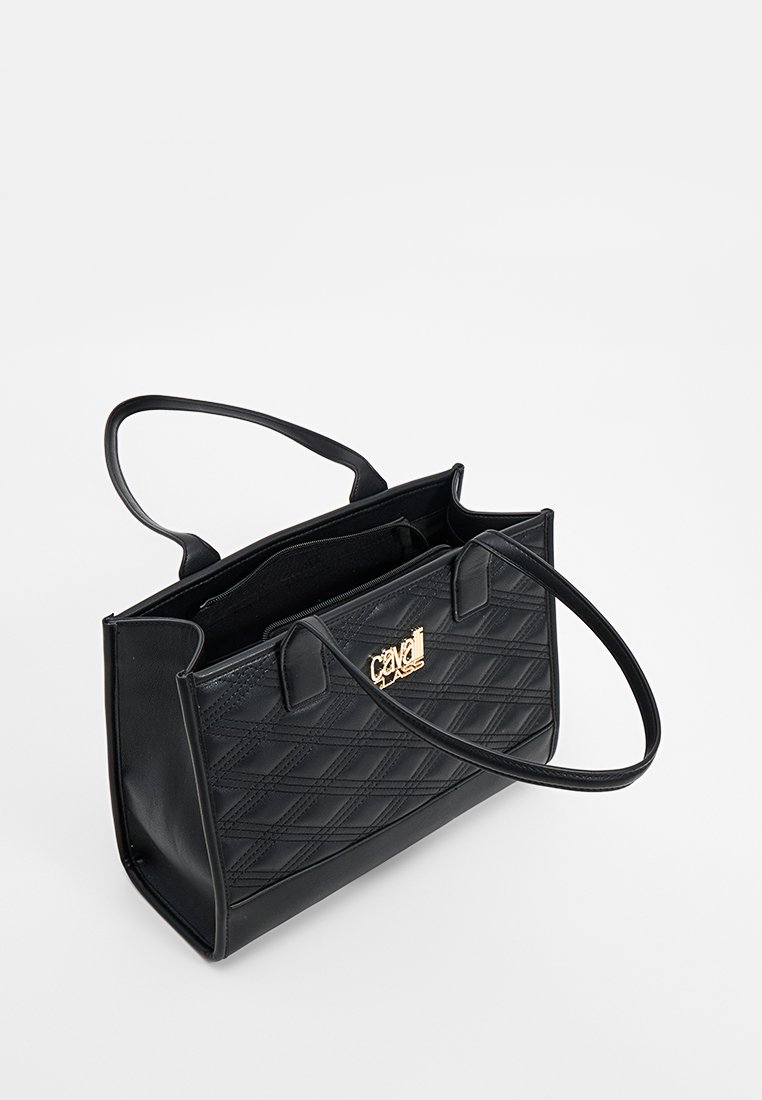 Borsa a tote in pelle nera con motivo trapuntato, manici superiori e accessori dorati, dotata di un comparto interno con zip.