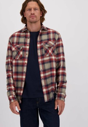 Geruite flanellen shirt in tinten van rood, marineblauw en beige, met een knoopsluiting, twee borstzakken en een ontspannen pasvorm.
